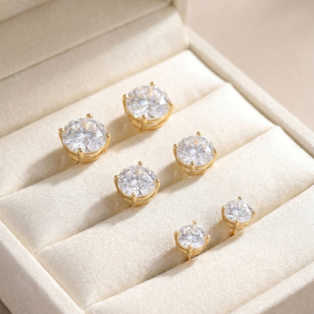 Gold Plated 316 Stainless Steel Stud Earrings, Round Brilliant Cut Clear Cubic Zirconia Four Prong Setting