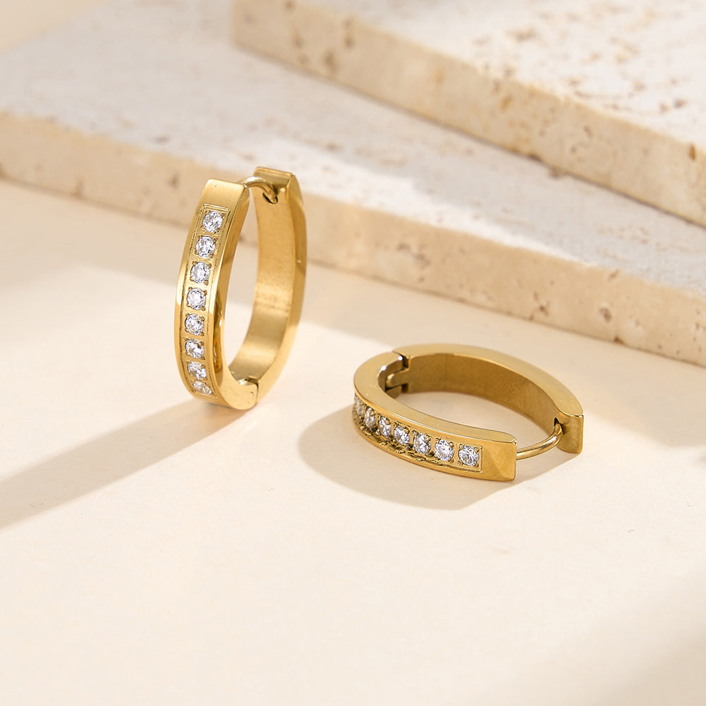 Gold Plated Stainless Steel Round CZ Paved Huggie Hoop Earrings