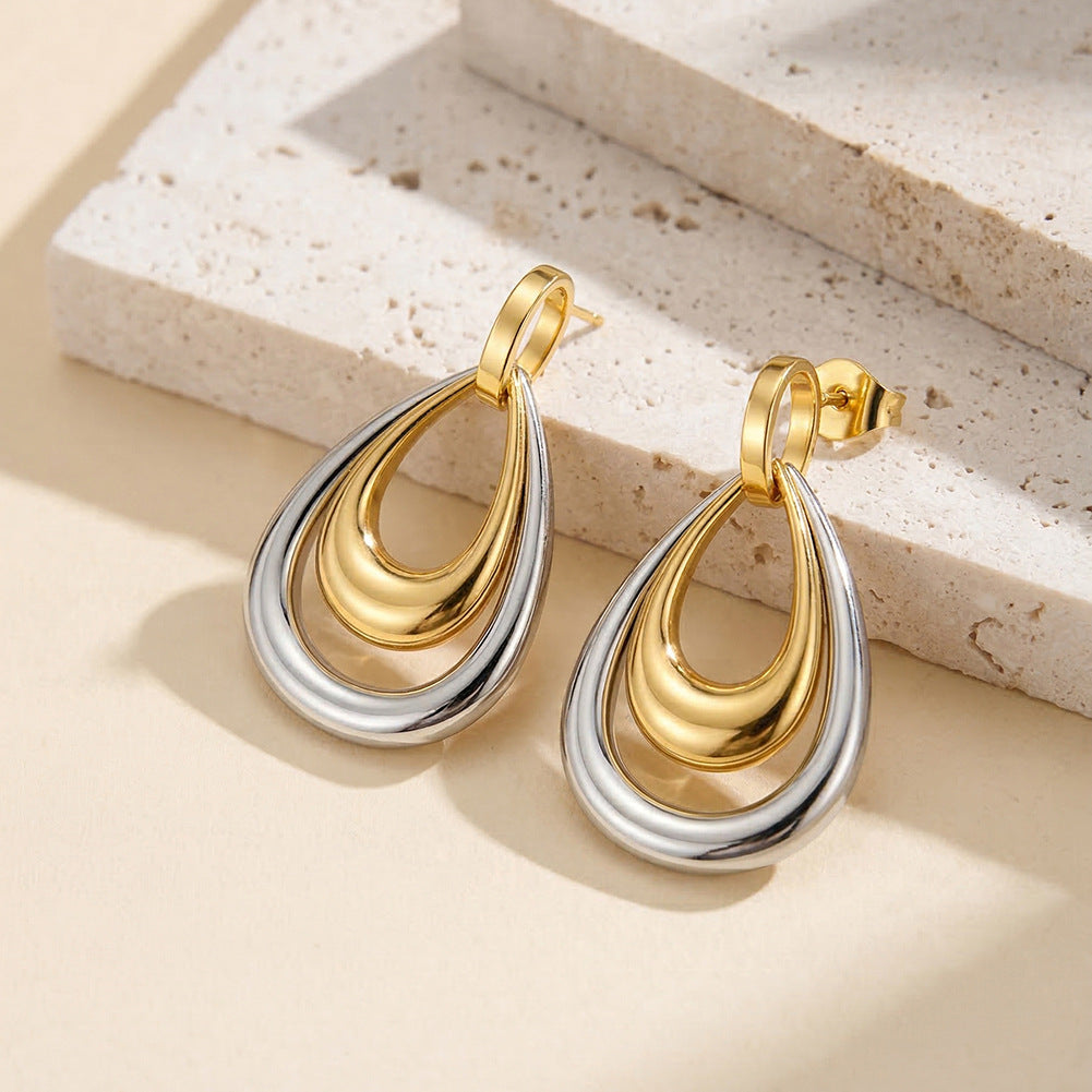 Two Tone Stainless Steel Interlocking Teardrop Dangle Drop Earrings