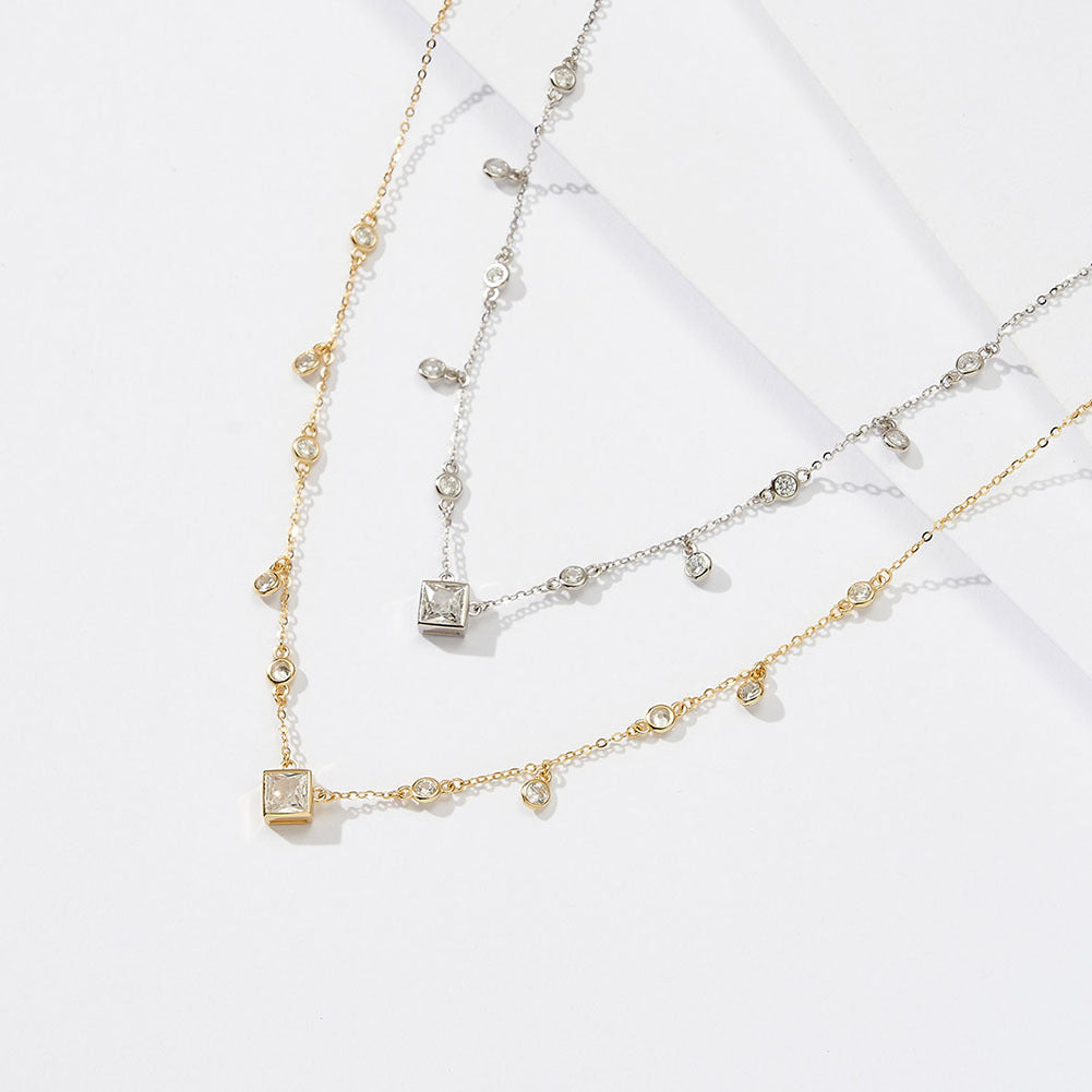 Gold Stainless Steel Multi CZ Station Necklace, Square & Round Bezel Cubic Zirconia Dangling Chain
