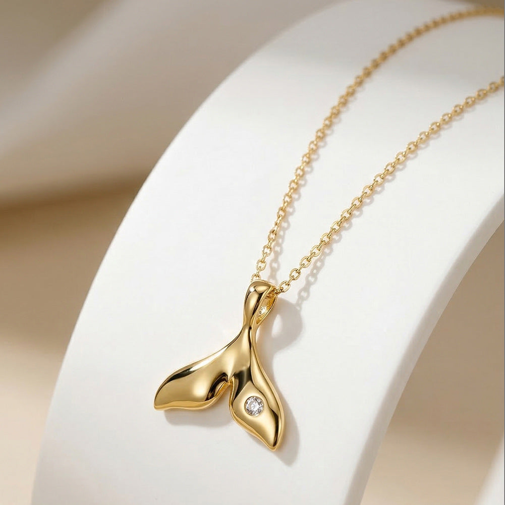 Gold Stainless Steel Mermaid Tail Pendant Necklace, Single Small CZ Inlaid Whale Tail Charm Necklace