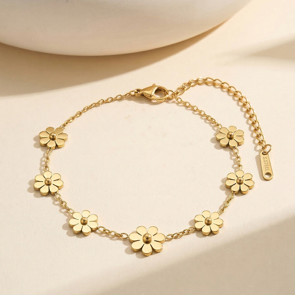 Gold Plated Stainless Steel Daisy Flower Bracelet, Multiple Daisy Charms on Thin Cable Chain, Adjustable