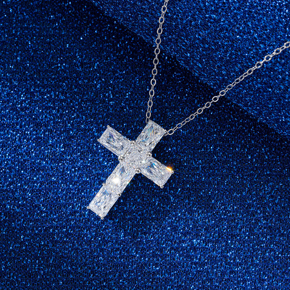 Silver Stainless Steel Cross CZ Necklace, Multi-Emerald Cut & Round Clear Cubic Zirconia Cross Pendant Cable Chain