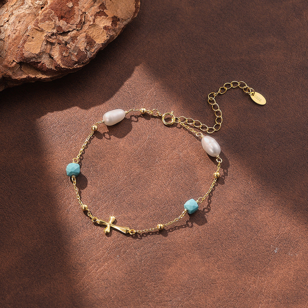 MPB23S925 Gold Plated Cross Pearl Bracelet, Oval Lustrous Freshwater Pearls, Faceted Turquoise Beads and Polished Cross Charm, Adjustable Extension Chain