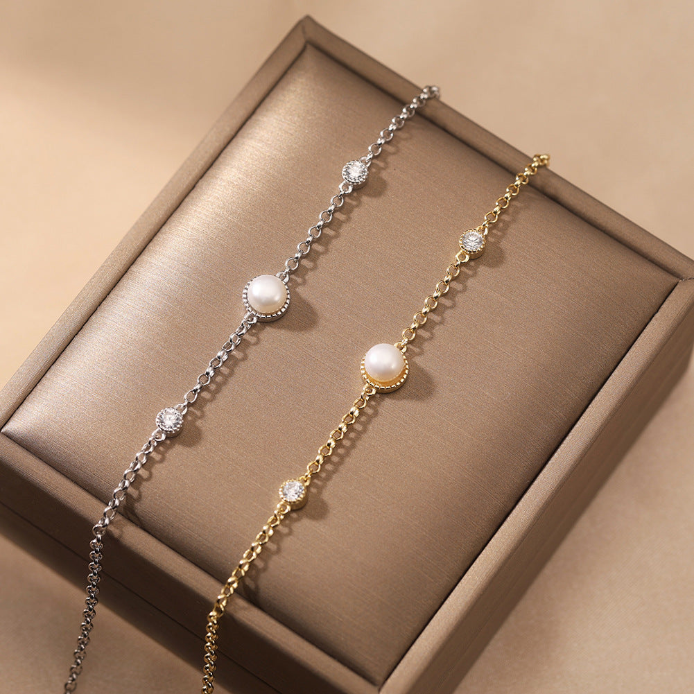 S925 Sterling Silver Dainty Chain Bracelet, Central Round Freshwater Pearl with CZ Halo Side Accents, Adjustable Extension Chain