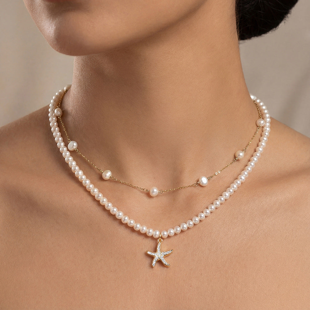Mini Rice Freshwater Pearl Choker Necklace, Lustrous White Tiny Pearls with Paved Cubic Zirconia Starfish Pendant S925 Silver Chain