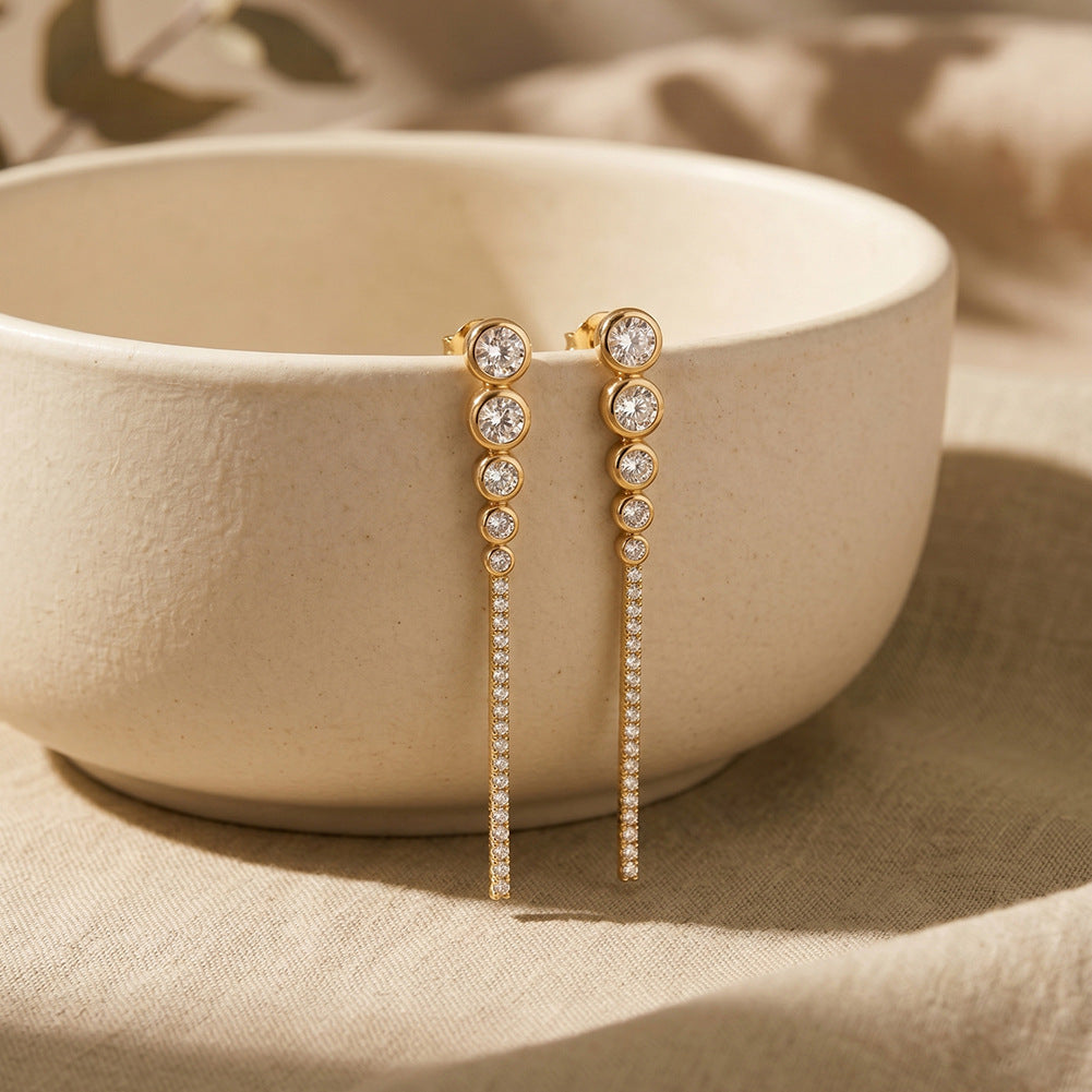Gold Plated Stainless Steel Graduated Round CZ Long Tassel Dangle Earrings