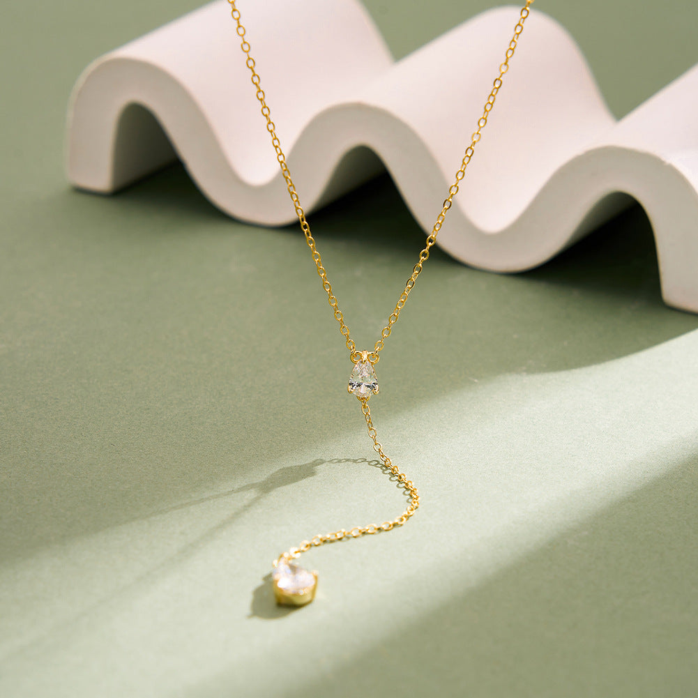 Silver Stainless Steel Teardrop CZ Y Lariat Necklace, Double Pear Cut Cubic Zirconia Drop Pendant Chain