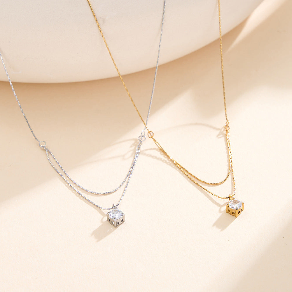 Gold Stainless Steel Double Layer Paperclip Chain Necklace, Solitaire Round CZ Four Prong Drop Pendant