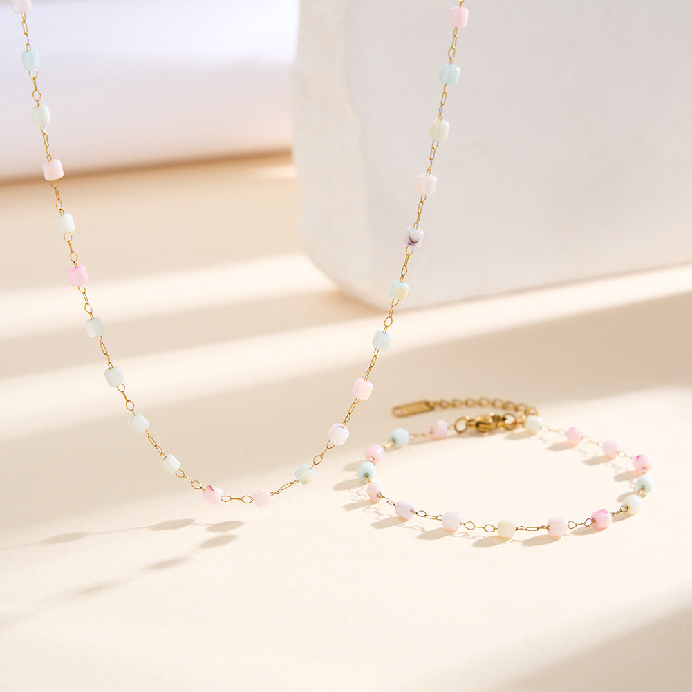 Gold Plated Stainless Steel Dainty Colorful Cube Bead Bracelet, Pastel Candy Square Beads Station Chain, Adjustable Extension