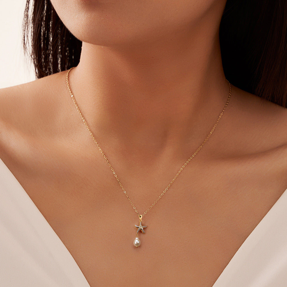 Starfish Pendant Freshwater Baroque Pearl Necklace, Sparkling CZ & Irregular Lustre Pearl Silver Chain