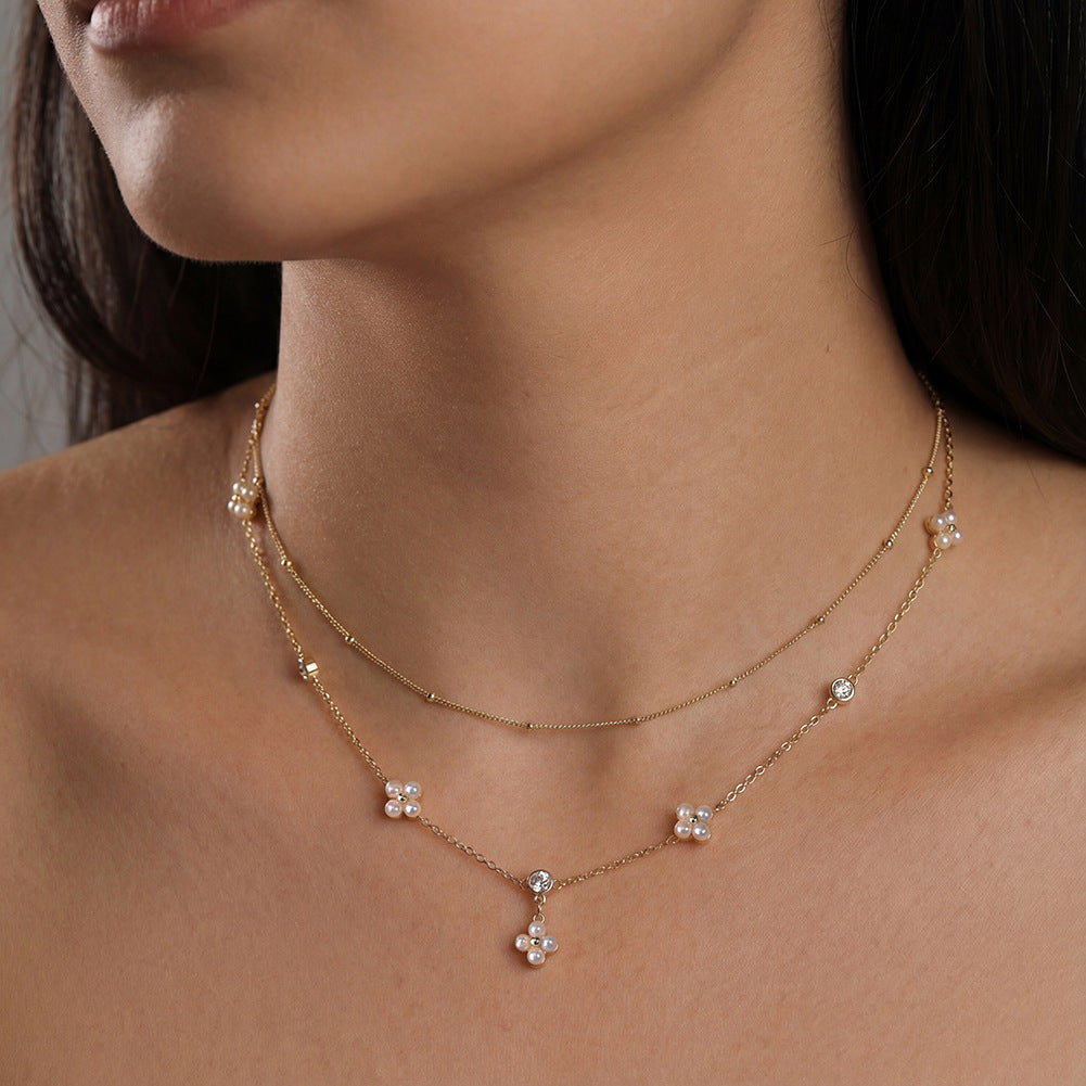 Flower Cluster Freshwater Pearl Station Necklace, Tiny Lustrous White Pearl Flower Accents with Cubic Zirconia S925 Silver Chain