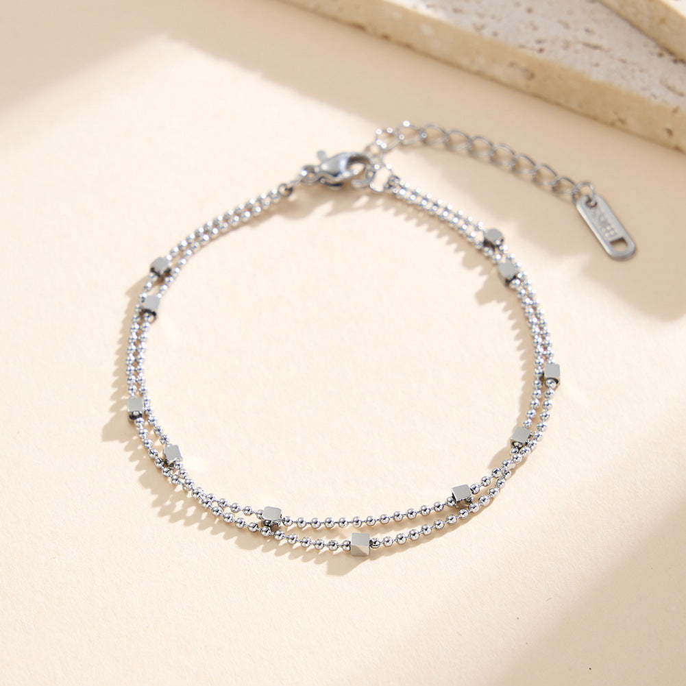Gold Plated Stainless Steel Double Strand Ball Chain Bracelet, Decorated with Small Square Cube Beads, Adjustable Extension Chain