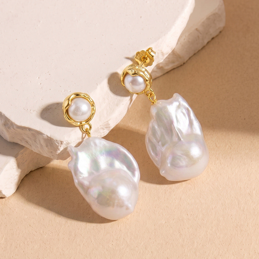 S925 Silver Stud Earrings, Small Round Freshwater Pearl Top with Large Flame Baroque Pearl Drop, Unique Irregular Baroque Pearl Dangle Earrings