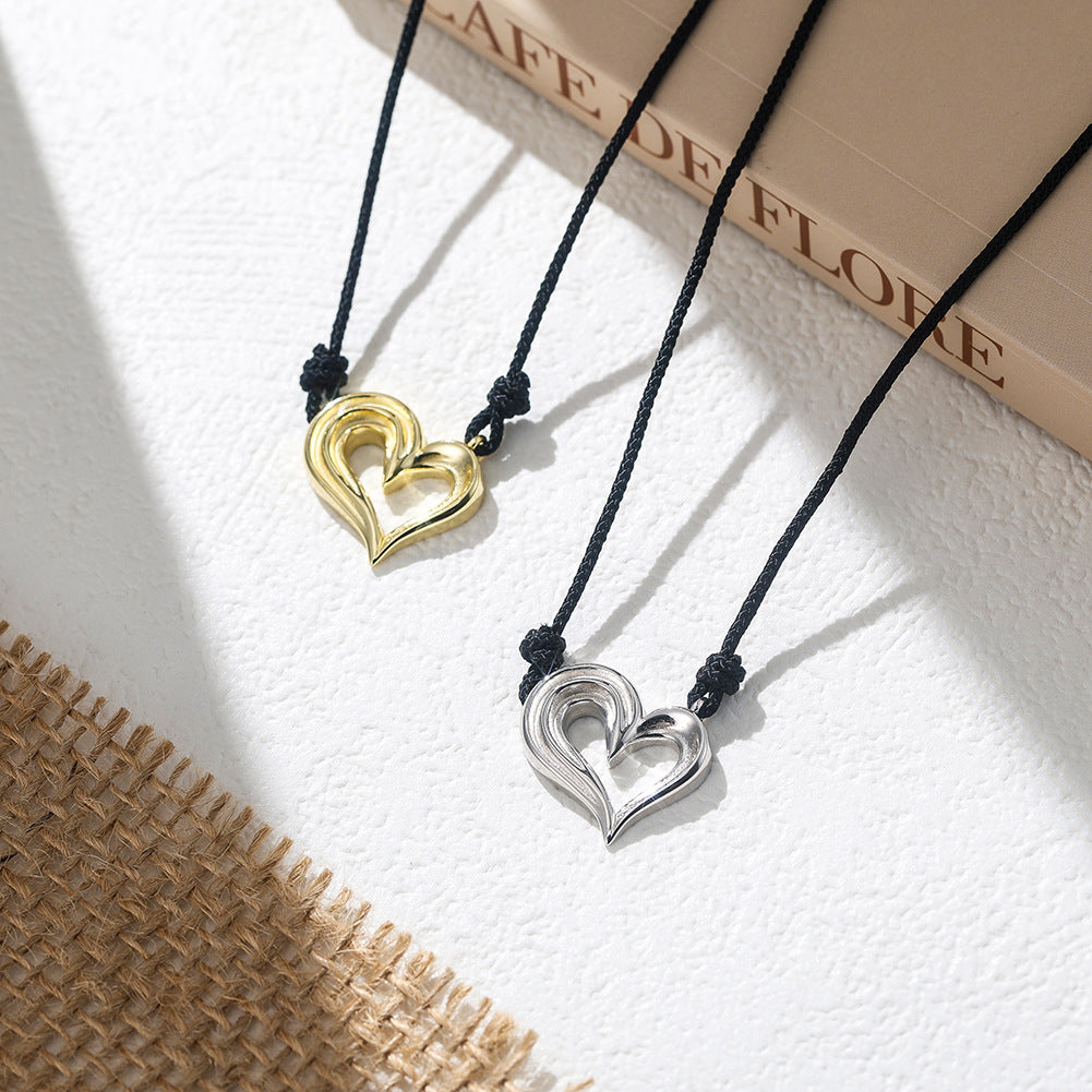 Gold Stainless Steel Hollow Heart Cord Necklace, Grooved Layered Outline Heart Pendant Black Rope Chain