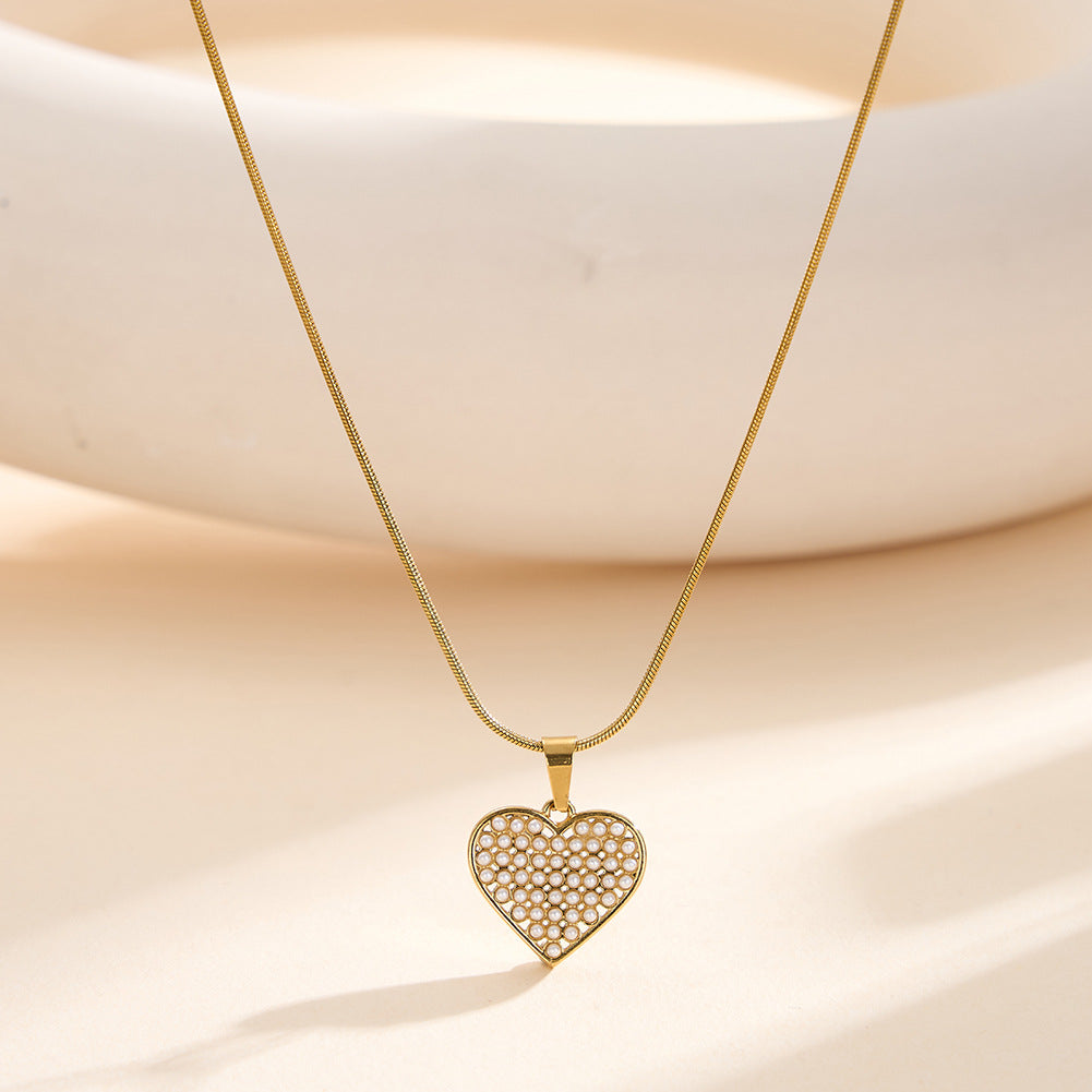 Gold Stainless Steel Snake Chain Necklace, Hollow Heart Pendant Inlaid with Mini White Pearl Beads