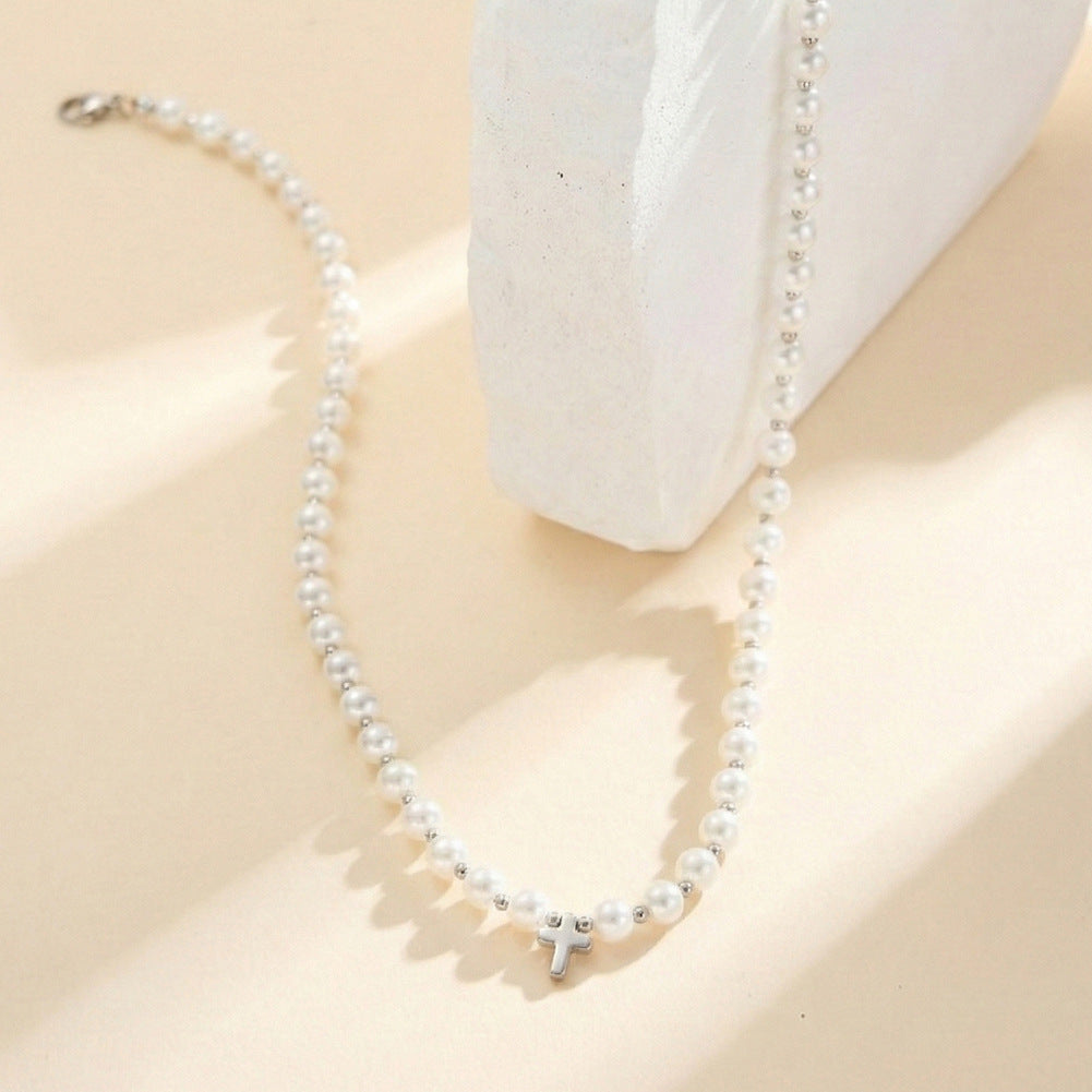 Silver Stainless Steel White Pearl Station Choker Necklace, Hollow Double Heart Pendant with Tiny Metal Bead Accents, Adjustable Chain