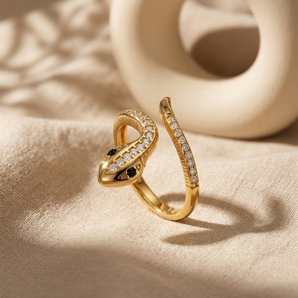 Gold Plated Stainless Steel Wrap Snake Ring, Pave Clear & Black CZ Inlay