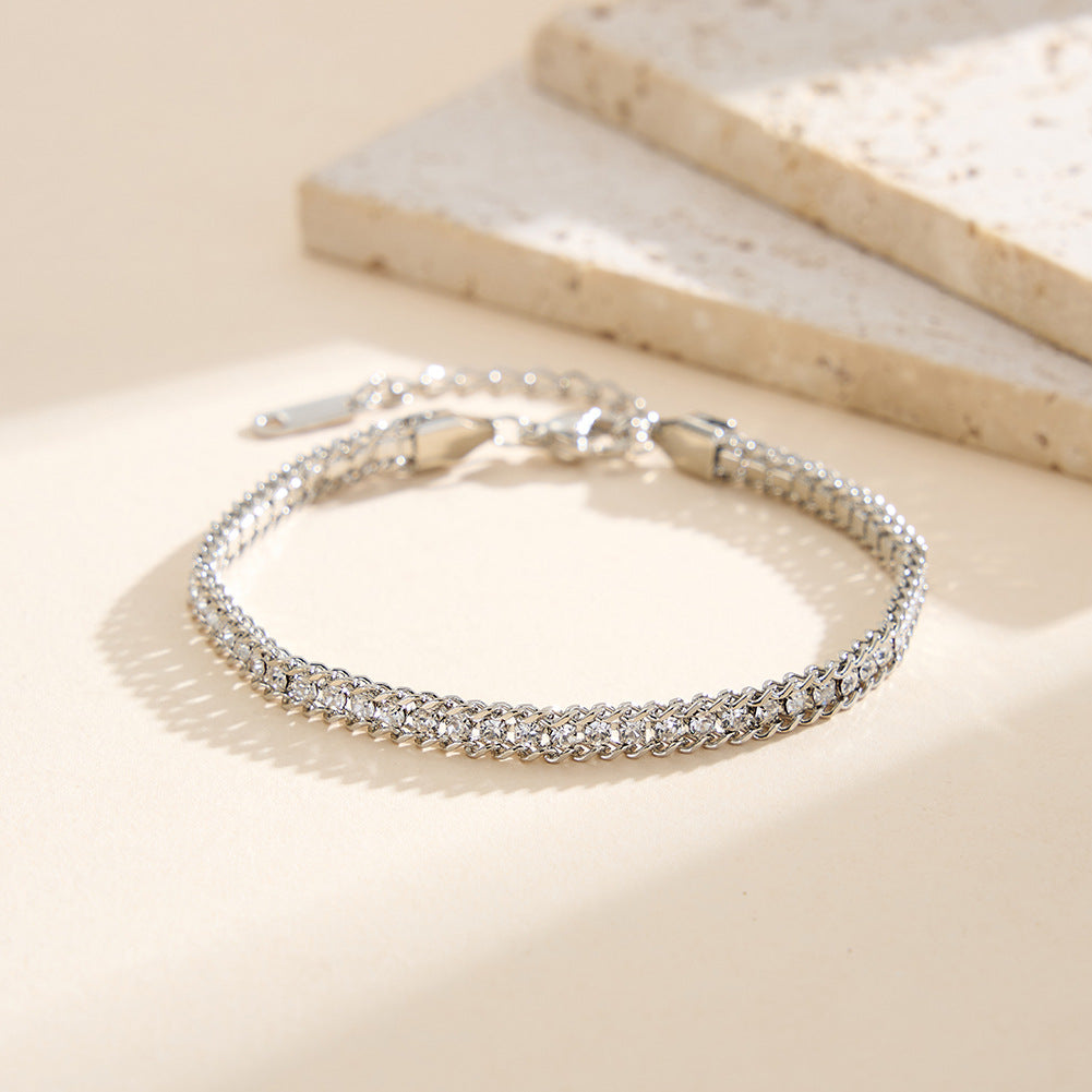 Silver Stainless Steel Single Row CZ Braided Bracelet, Paved Cubic Zirconia Woven Band, Adjustable Extension Chain