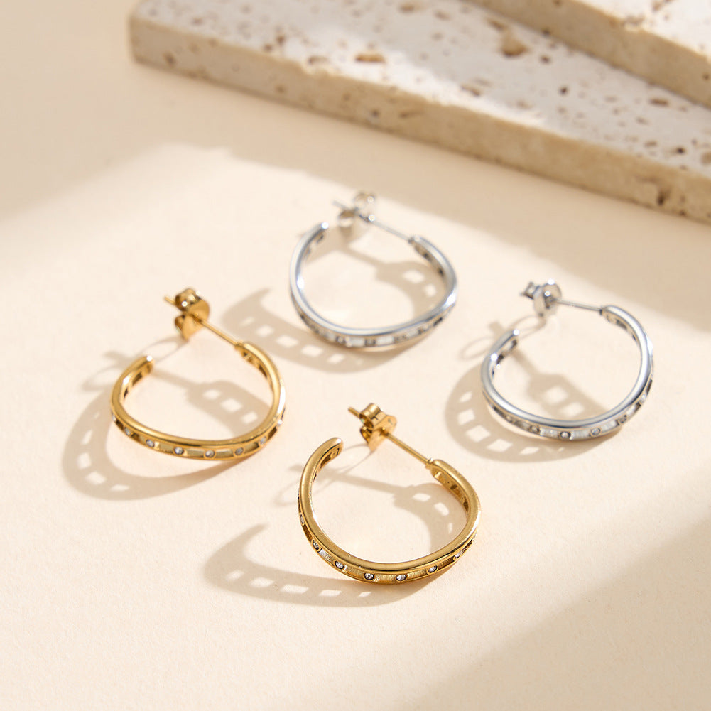 Gold Plated Stainless Steel Hollow Cutout Open C Hoop Earrings With Set CZ Stones
