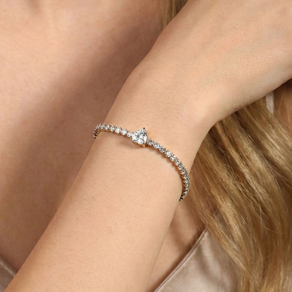 Gold Plated Stainless Steel Heart CZ Tennis Bracelet, Paved Cubic Zirconia Heart Center Stone, Adjustable Extension