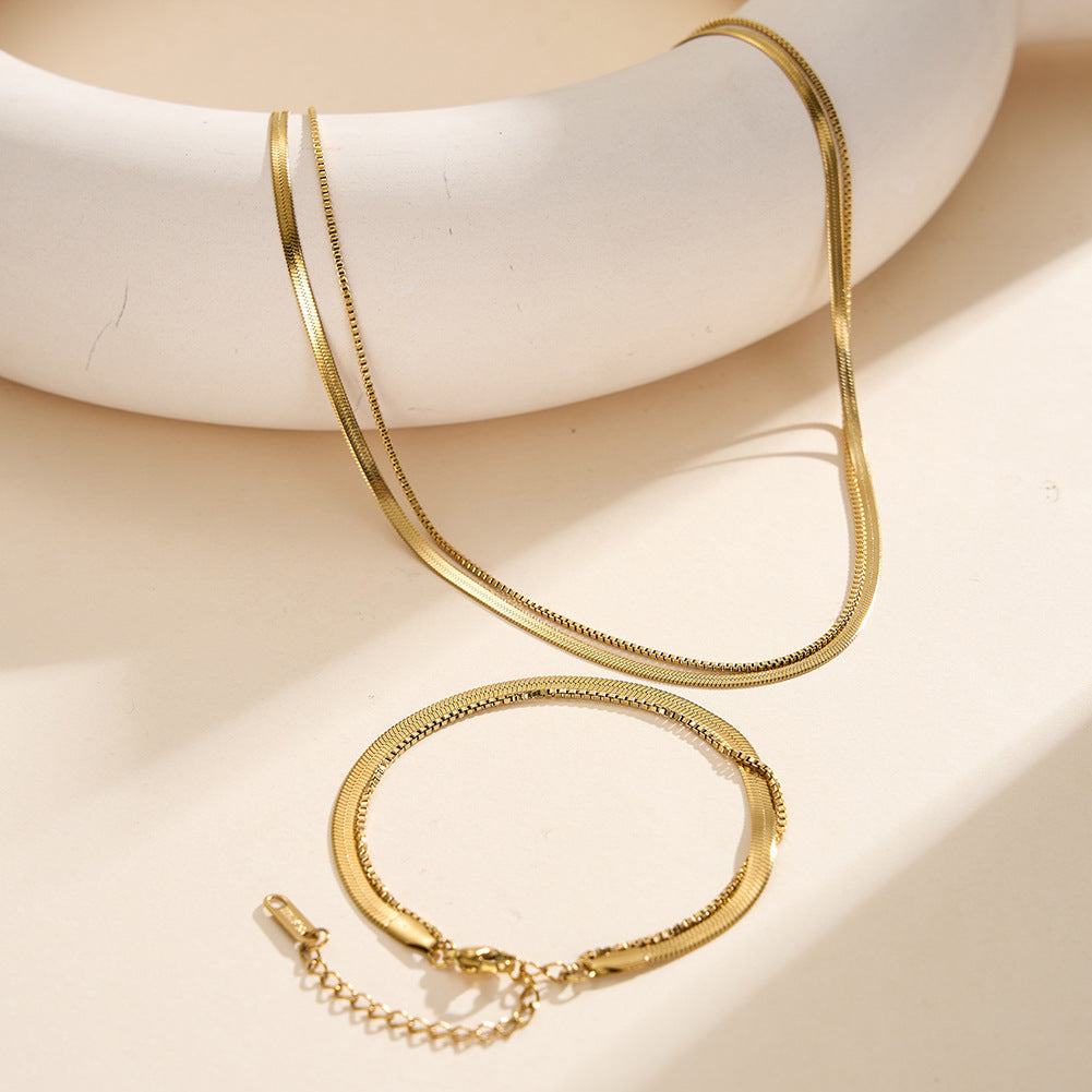 Gold Stainless Steel Layered Necklace, Double Stacked Herringbone & Box Chain Two Layer Choker Necklace