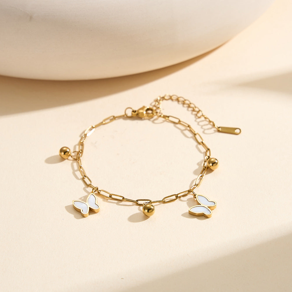 Silver Stainless Steel Paperclip Chain Butterfly Bracelet, 2 Mother of Pearl Butterfly Charms & Polished Round Ball Beads