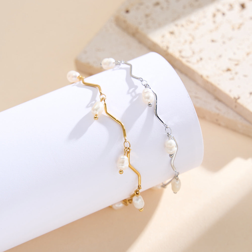 Silver Stainless Steel Wavy Tube Chain Bracelet, Dangling Baroque Imitation Pearl Charms, Adjustable Extension