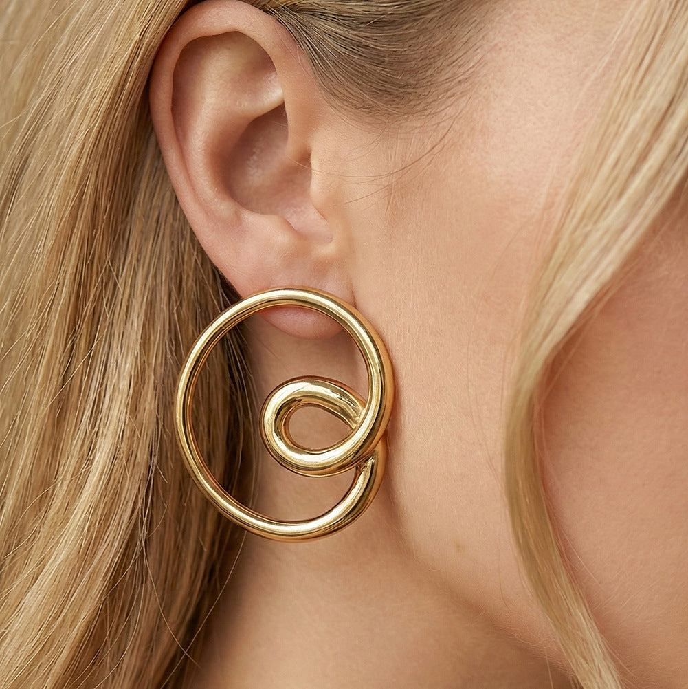 Gold Plated Stainless Steel Interlocked Double Oval Swirl Stud Earrings