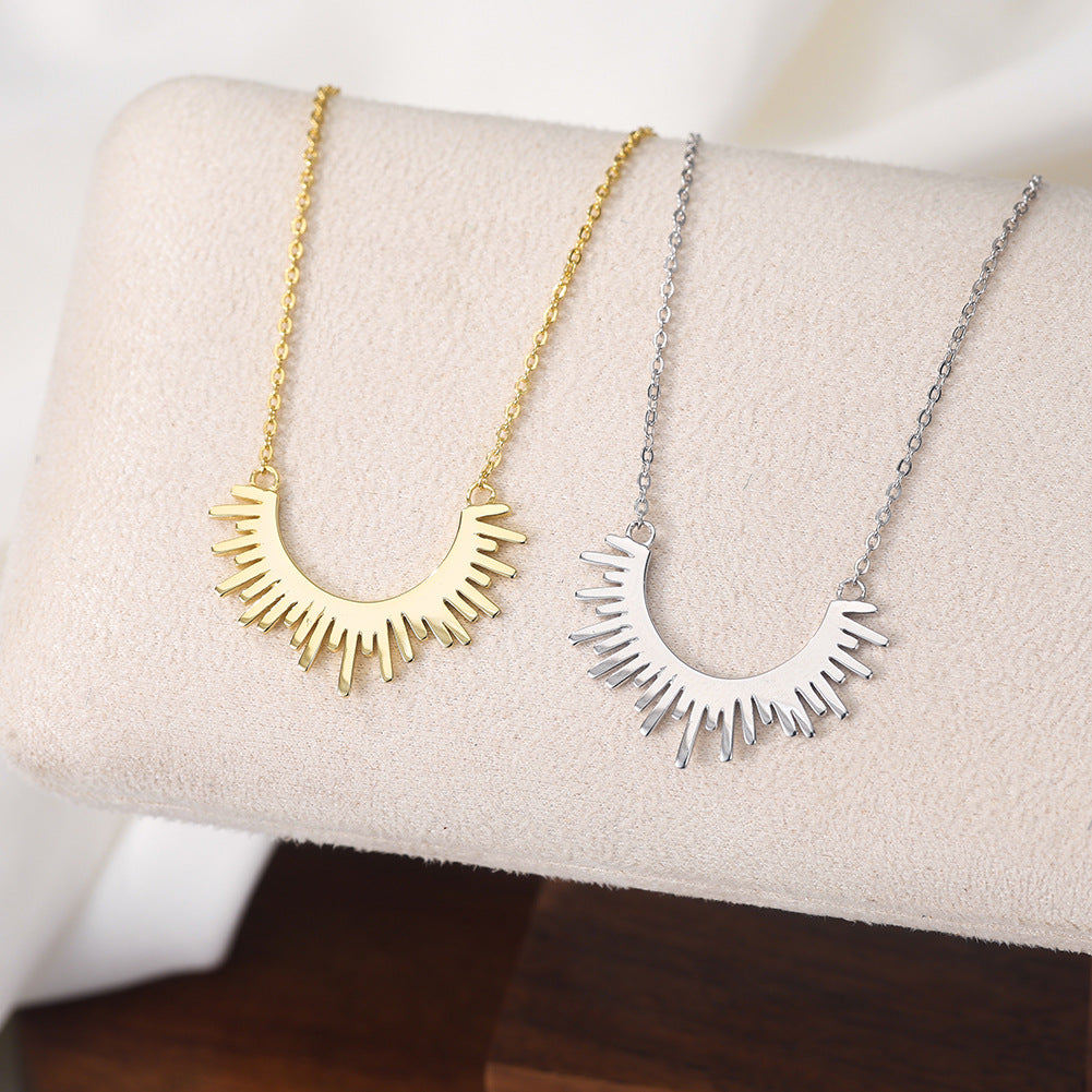 Stainless Steel Sunburst Crescent Necklace, Gold Plated Radiant Sun Pendant Choker, Unique Spike Sun Shape Necklace for Women