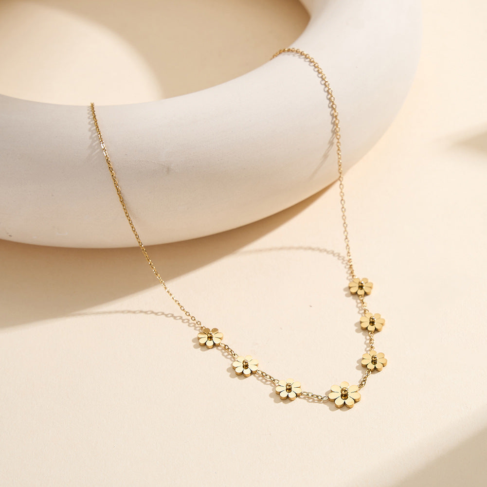 Gold Stainless Steel Daisy Station Necklace, Seven Daisy Flower Charms with Round Bead Center, Dainty Rolo Chain
