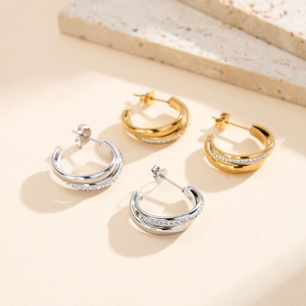 Gold Plated Stainless Steel Intertwined Double Band C Hoop Earrings Inlaid with CZ