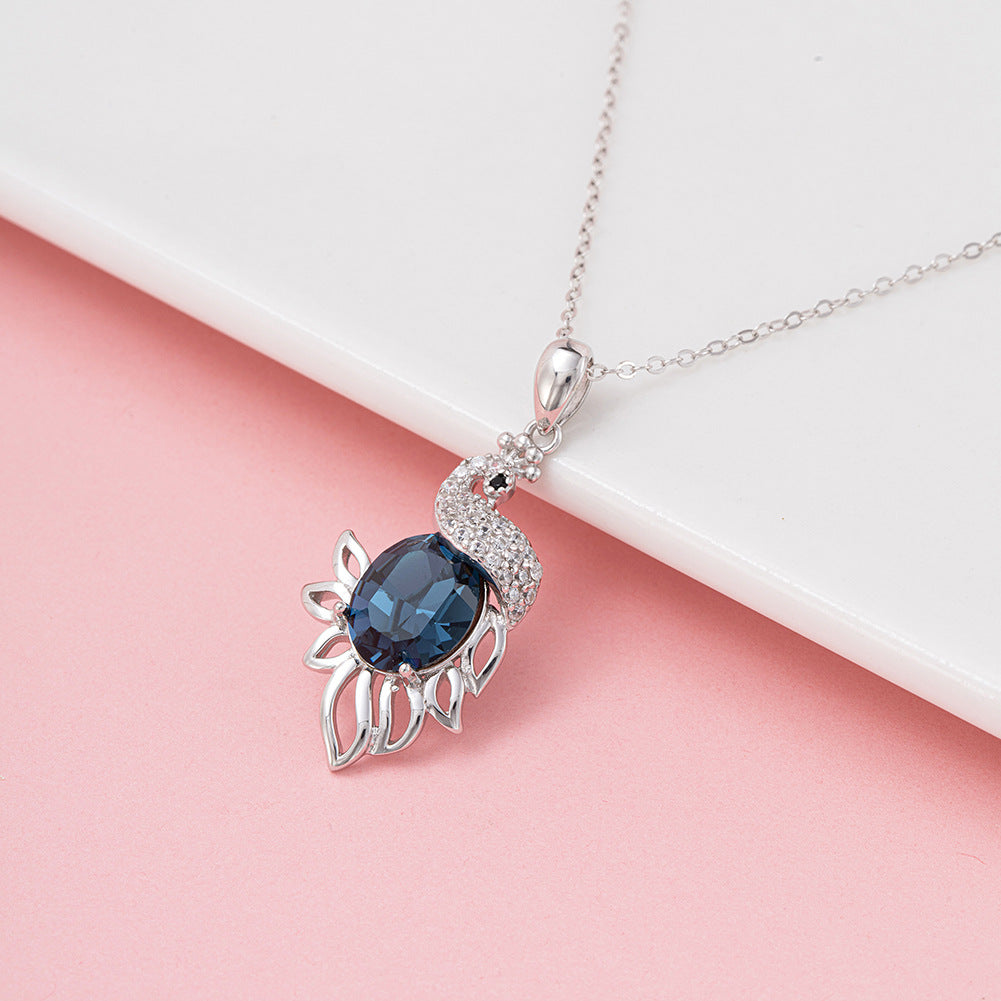 Silver Stainless Steel Peacock Pendant Necklace, Oval Deep Blue CZ with Paved Clear CZ Peacock Charm Necklace