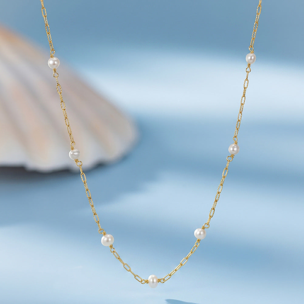 Gold Stainless Steel Station Pearl Necklace, Round White Pearl Beads On Paperclip Chain With Adjustable Extension Tail