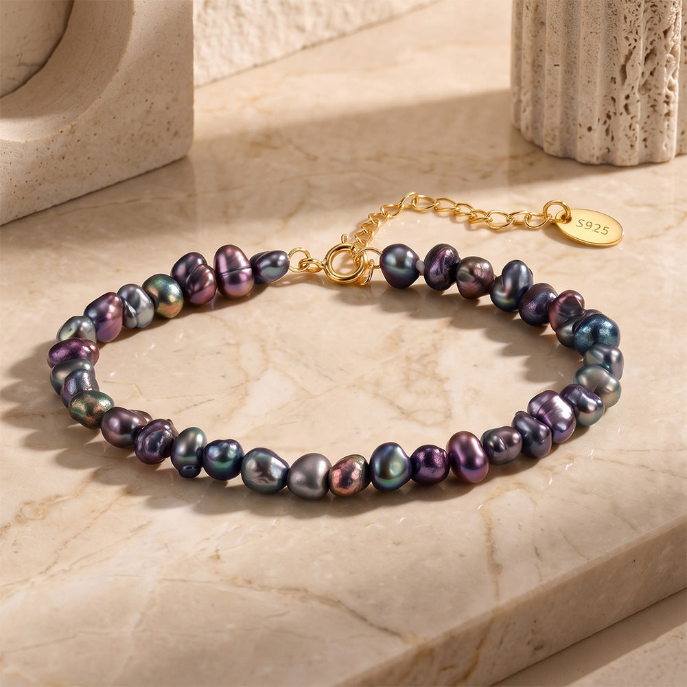 S925 Gold Plated Beaded Bracelet, Dark Peacock Iridescent Baroque Freshwater Pearls, Natural Color Variation, Adjustable Extension Chain