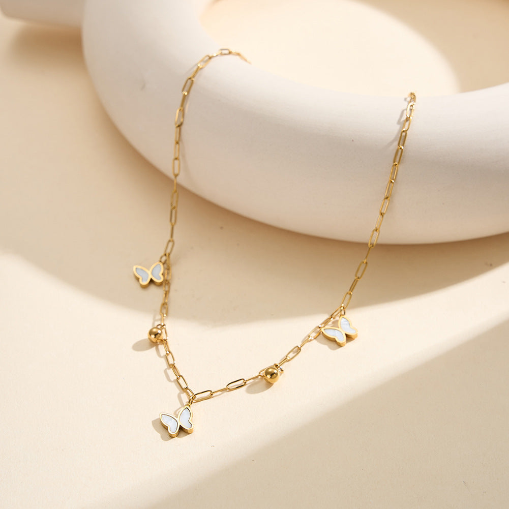 Gold Stainless Steel Butterfly Paperclip Chain Necklace, White Mother of Pearl Butterfly Pendants with Round Metal Ball Charms