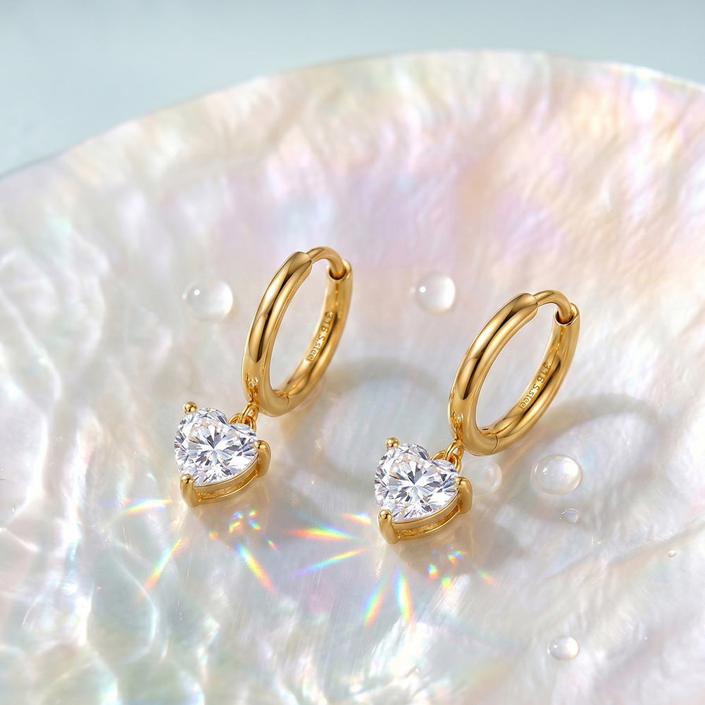 Gold Plated 316 Stainless Steel Huggie Hoop Earrings with Heart Shape Clear Cubic Zirconia Dangle Charm