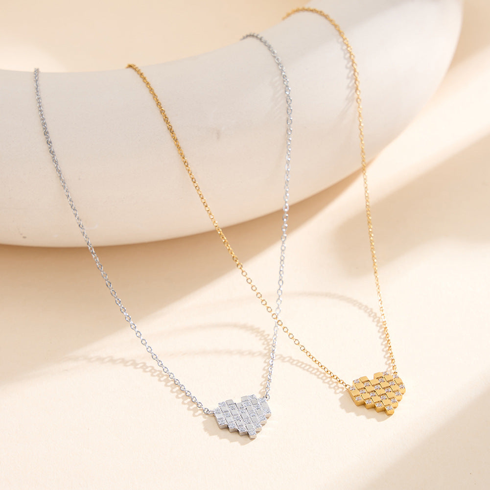 Gold Stainless Steel Pixel Heart Necklace, Mosaic Square Heart Pendant Inlaid with Round Clear CZ Stones, Thin Rolo Chain