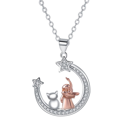 Copper With Silver/Rosegold Plated Cat and Girl Stars Pendant Necklace