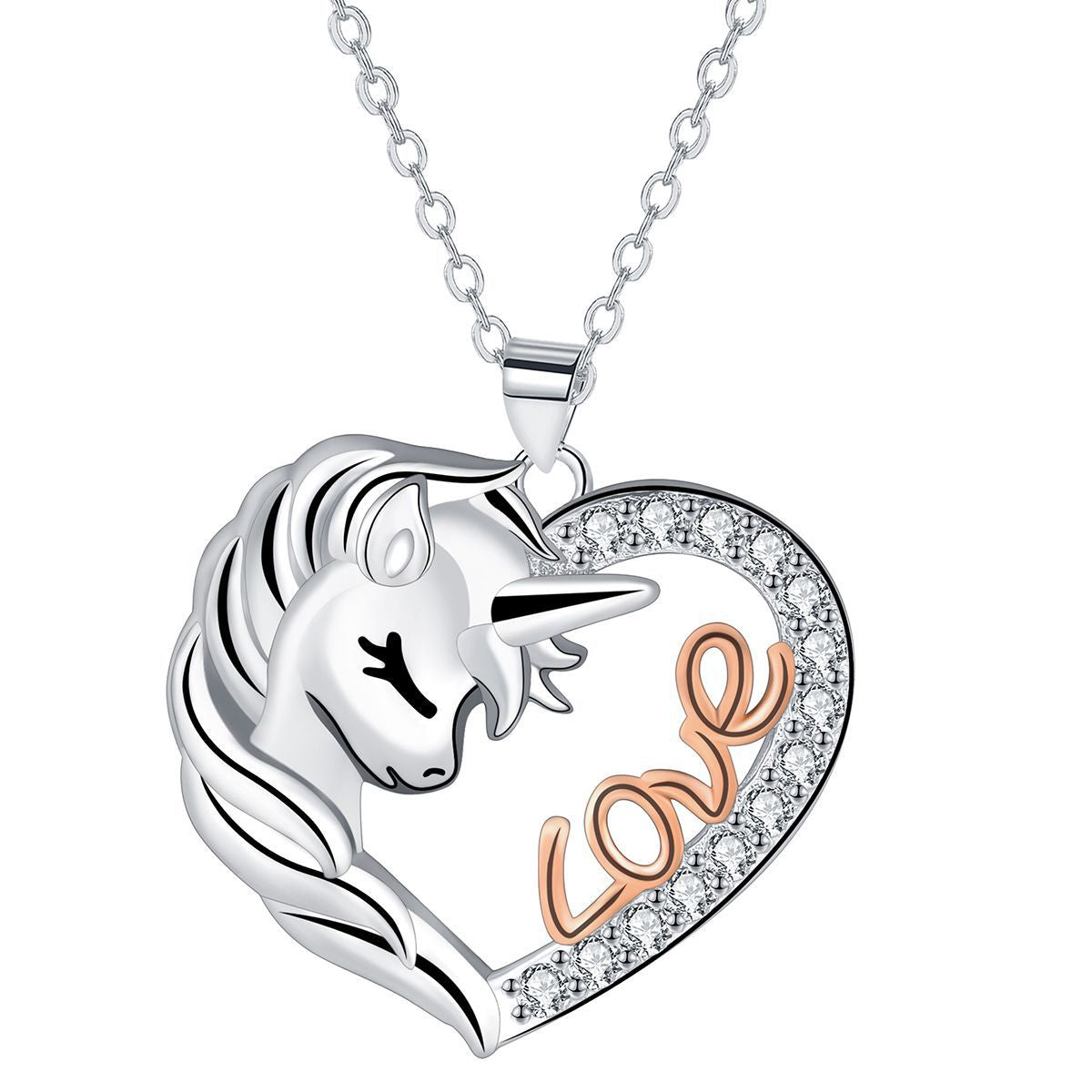 Copper With Silver/Rosegold Plated Heart Unicorn Pendant Necklace