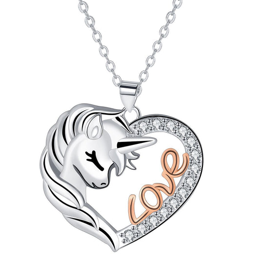 Copper With Silver/Rosegold Plated Heart Unicorn Pendant Necklace