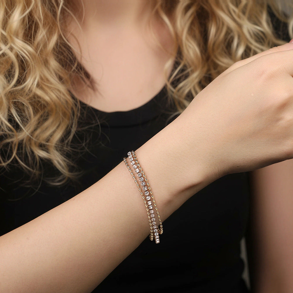 Silver Stainless Steel Multi Strand Beaded Bracelet, Layered Round Ball Beads with Inlaid CZ Stones, Adjustable Extension