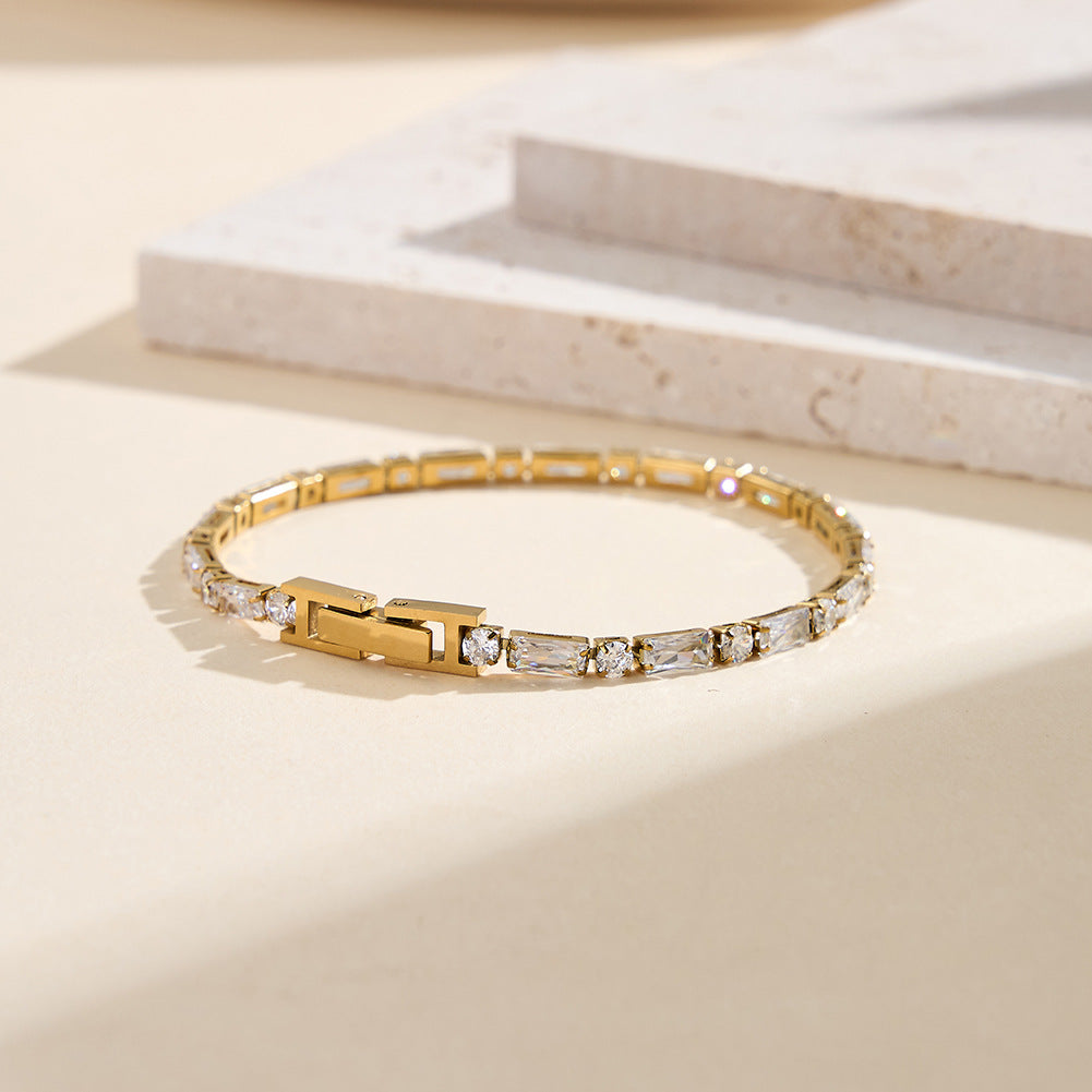 Gold Plated Stainless Steel Emerald Cut CZ Link Bracelet, Rectangle Baguette Cut Zirconia Stone Setting