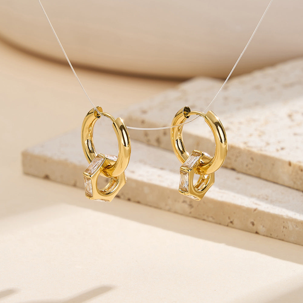 Gold Plated Stainless Steel Hexagonal CZ Charm Huggie Hoop Earrings