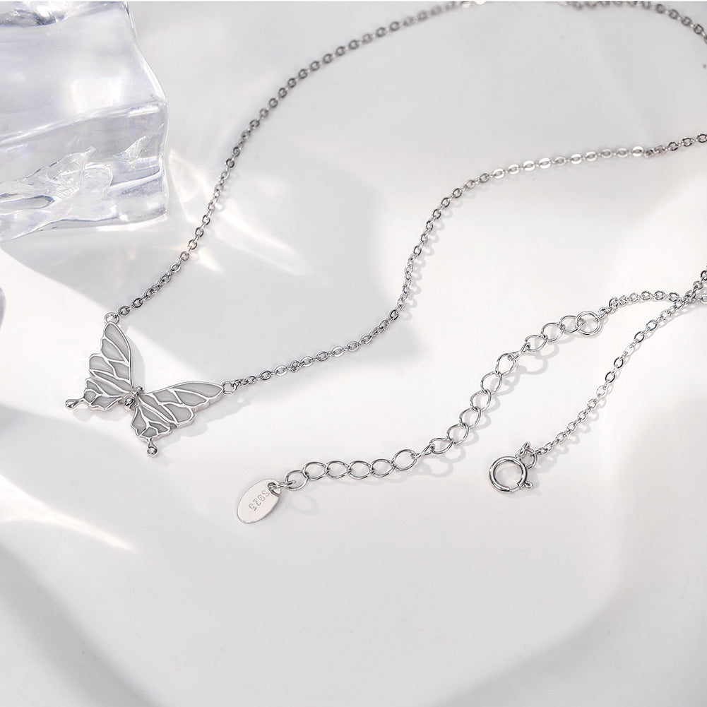 Gold Stainless Steel Glow In The Dark Butterfly Pendant Necklace, Luminous Enamel Butterfly Charm Cable Chain Necklace