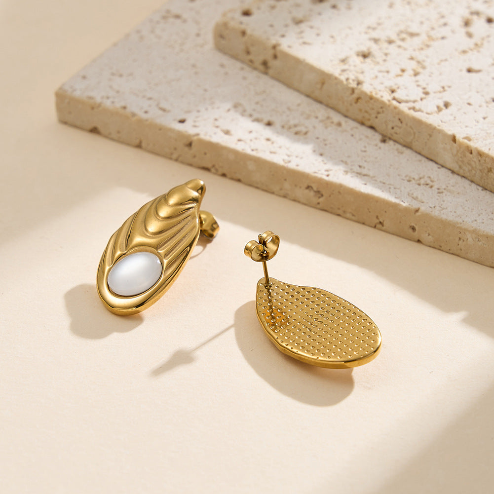 Gold Plated Stainless Steel Teardrop Textured Stud Earrings With White Round Cabochon Inlay