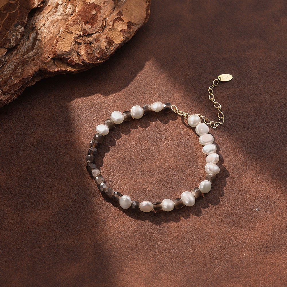 MPB26S925 Gold Plated Beaded Bracelet, Irregular Lustrous Freshwater Pearls paired with Smoky Quartz Faceted Beads, Adjustable Tassel Extension Chain