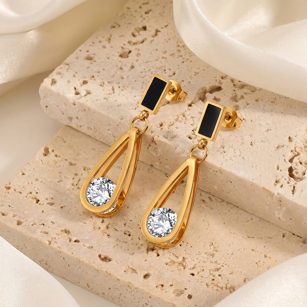 Gold Plated Stainless Steel Black Enamel Teardrop Hollow Frame CZ Dangle Earrings
