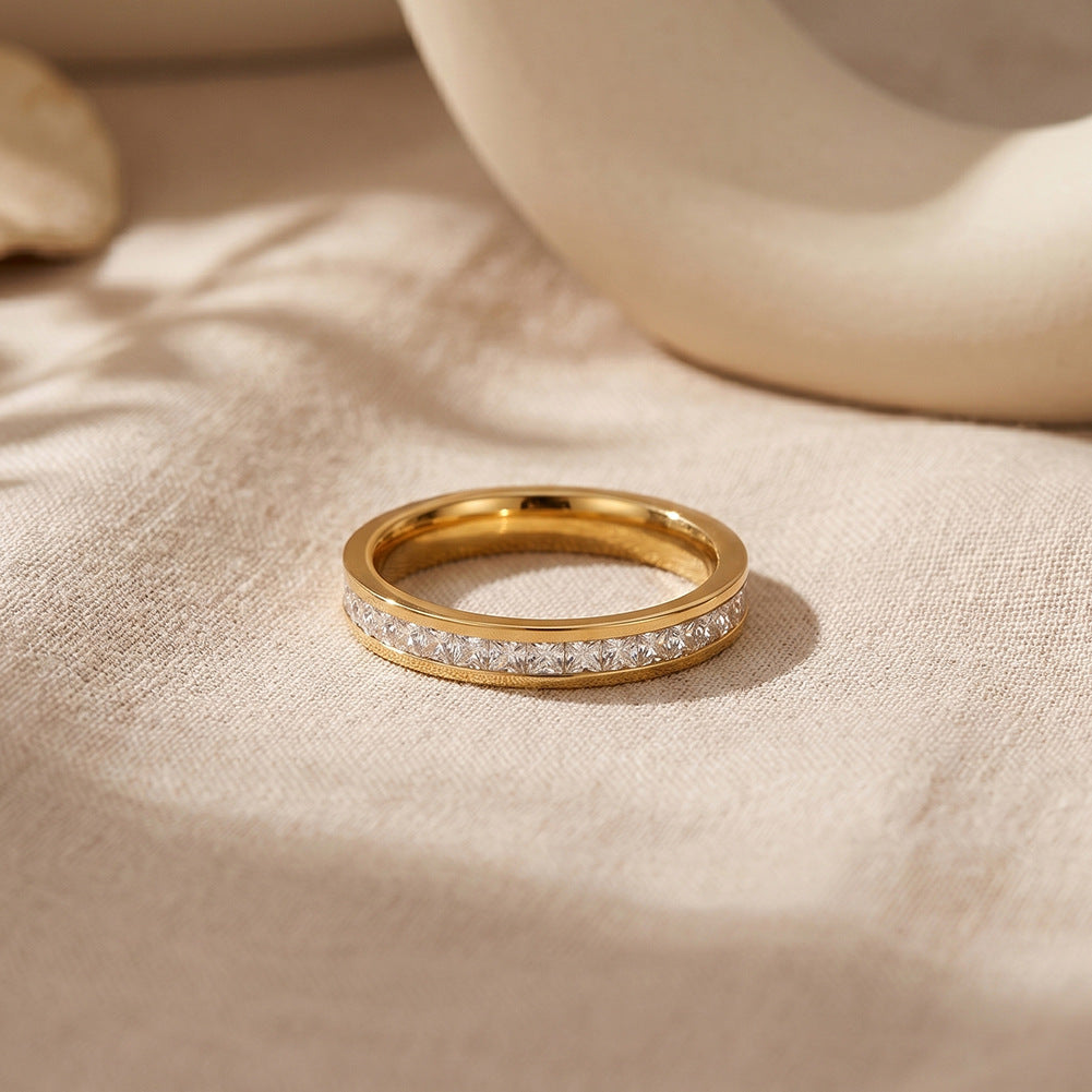 Gold Plated Stainless Steel Slim Half Eternity Band with Princess Cut CZ Inlay
