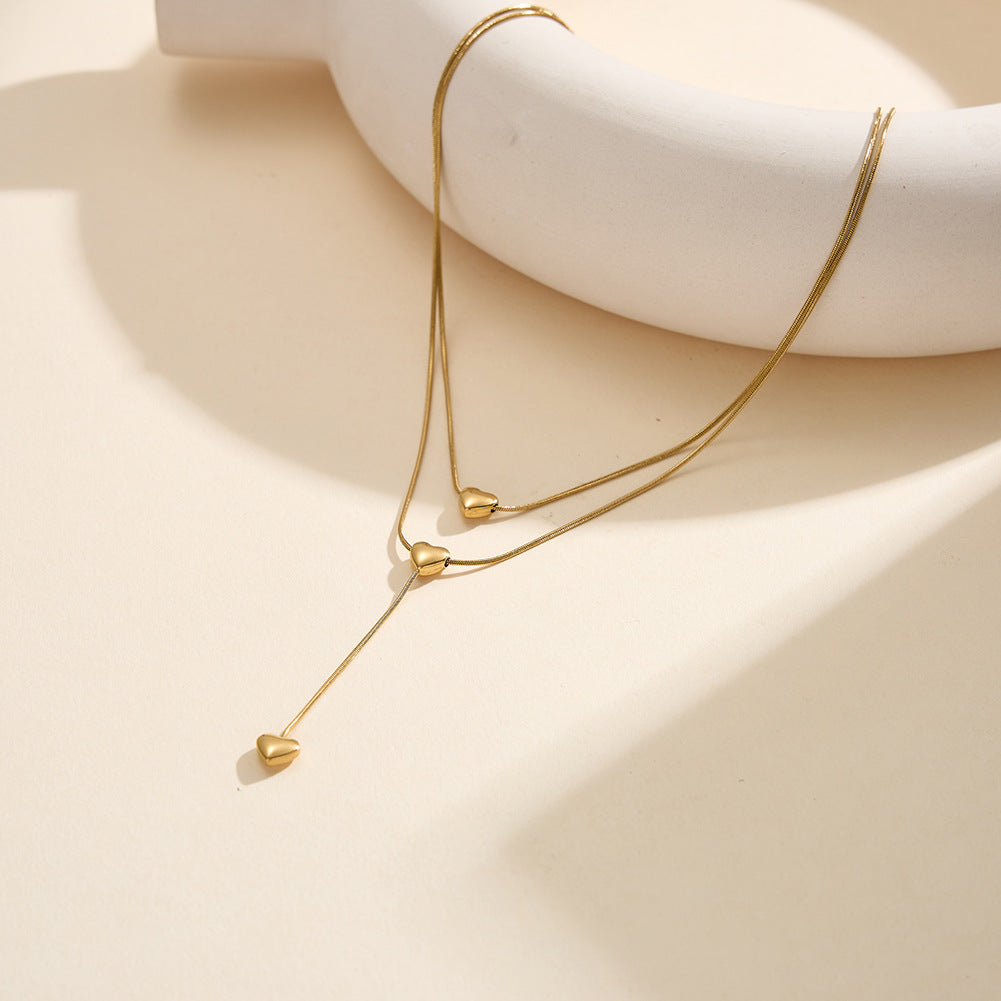 Gold Stainless Steel Multi Layer Y Shape Heart Lariat Necklace, Three Polished Solid Heart Pendants, Slim Snake Chain